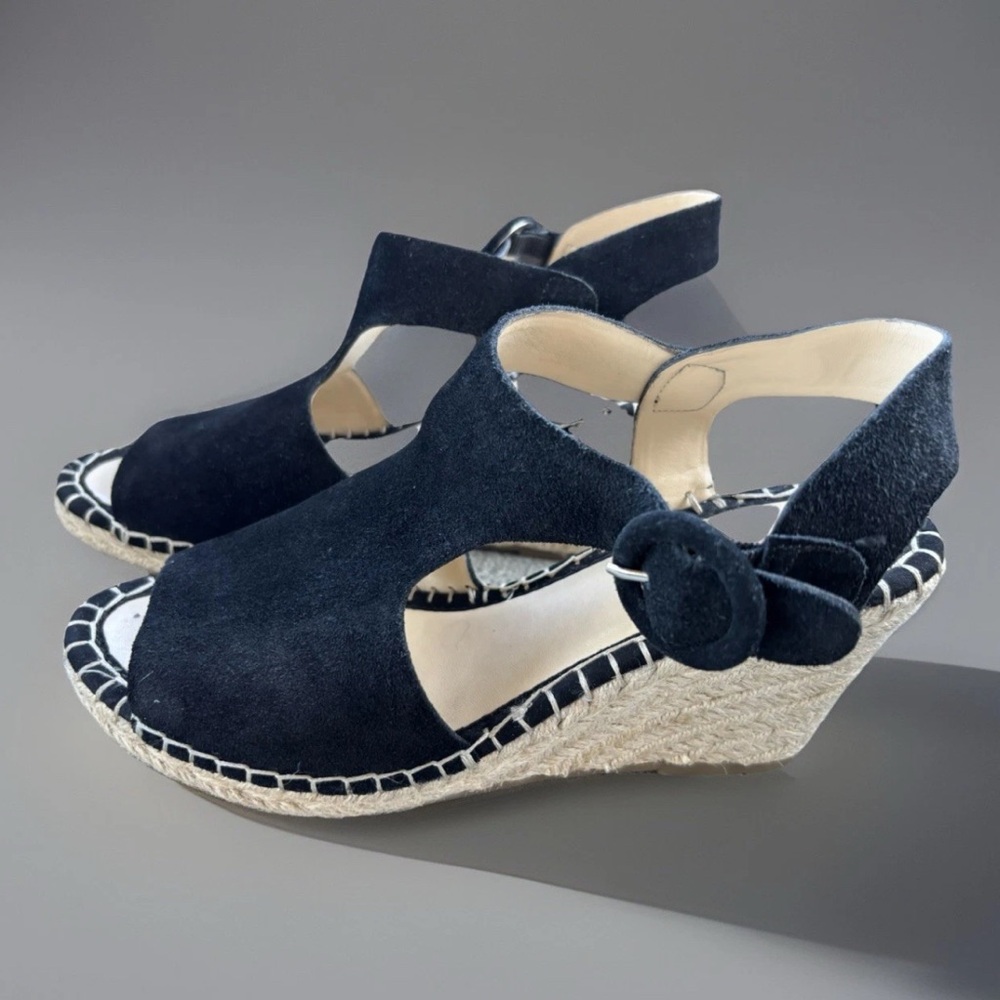 Black Suede Espadrille Wedge Sandals Marc Fisher 8W Cutout Slingback Platform - Picture 2 of 10